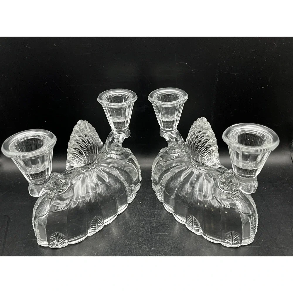 Vtg Set of 2 LE Smith Glass Clam Shell Dbl‎ Candlestick Holder 4.25